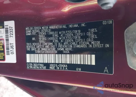 2008 Toyota Tundra Base 4.7L V8 z USA, uszkodzony, nr VIN 5TBRT54128S459708